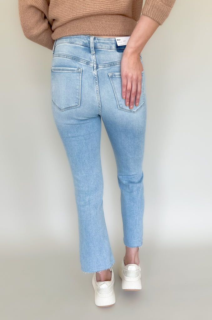 These NEW Show Respect High Rise Kick Flare Jeans are designed with an on-trend raw hem and straight leg fit! They are the perfect light wash jean that resembles vintage cotton; but here's a secret, they are so stretchy! If you are looking for a fashion-forward style, these are a great option to add to your wardrobe.