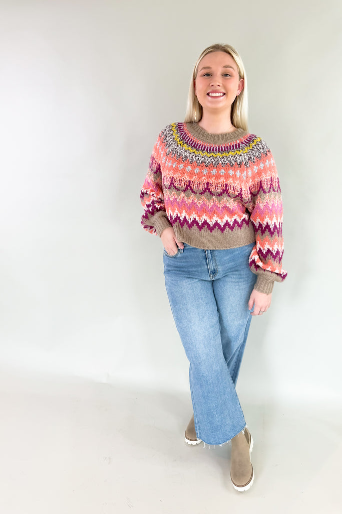 Refresh your wardrobe with the vibrant, textured knit Sia Fair Isle Multi Sweater! Made with abstract print stripes, it exudes confidence and playfulness. There is unique texture woven throughout too. The colors are so gorgeous with hints of purple, pink tones, and a pop of yellow. 