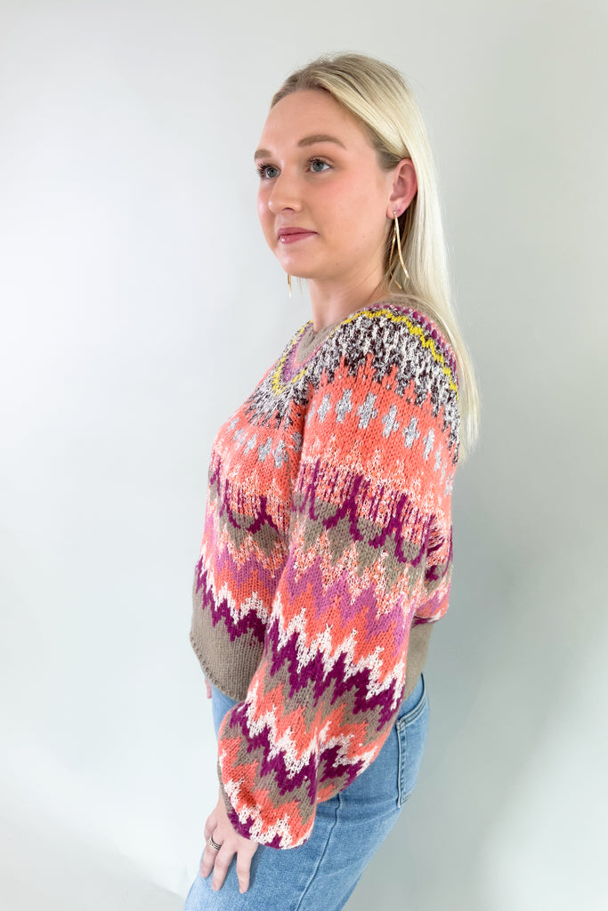 Refresh your wardrobe with the vibrant, textured knit Sia Fair Isle Multi Sweater! Made with abstract print stripes, it exudes confidence and playfulness. There is unique texture woven throughout too. The colors are so gorgeous with hints of purple, pink tones, and a pop of yellow. 