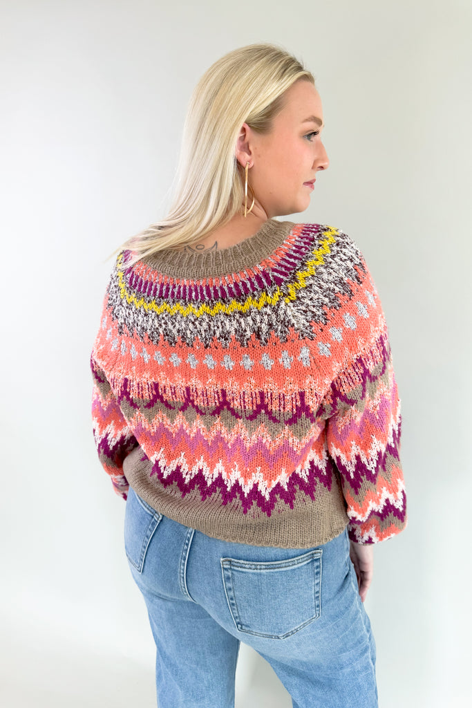 Refresh your wardrobe with the vibrant, textured knit Sia Fair Isle Multi Sweater! Made with abstract print stripes, it exudes confidence and playfulness. There is unique texture woven throughout too. The colors are so gorgeous with hints of purple, pink tones, and a pop of yellow. 