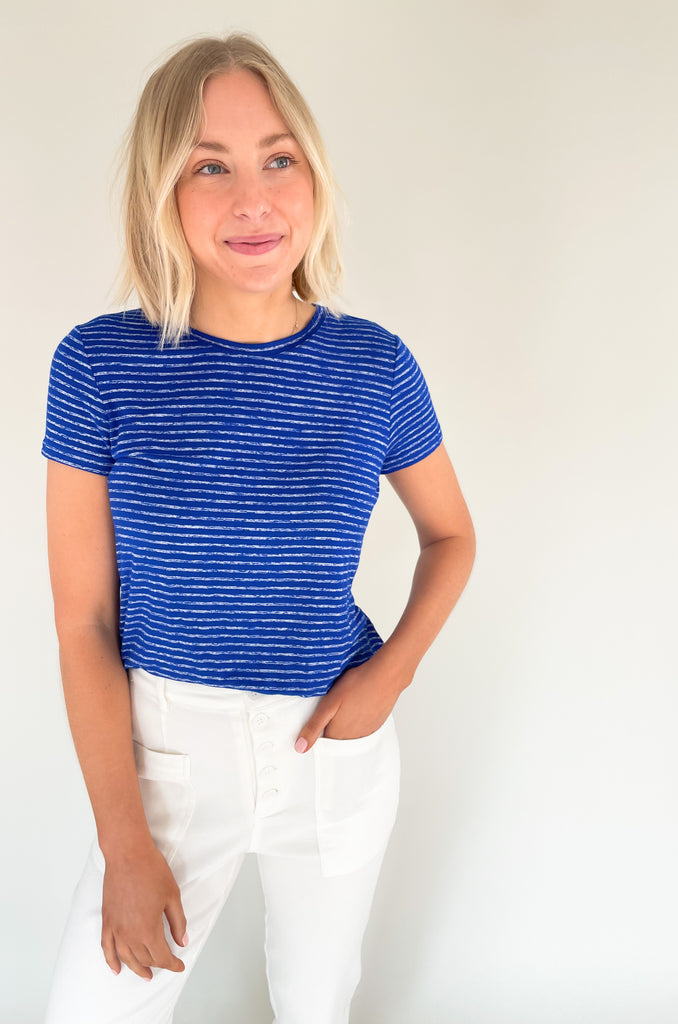 Boyfriend Blazer with Princess Darts We are big believers that elevated basics make every outfit better! The Liverpool Slim Fit Crew Neck Knit Tee is so cute and comfortable! It's a great everyday tee that can be dressed up or down. The fabric is a dream- not to heavy and super soft. Plus, the textured stripes are a fun detail. It's a style you will be reaching for again and again!