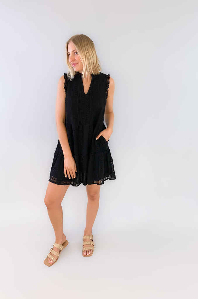 You'll be the queen of the party in our new Sweet Stripe Mini Dress! It's elevated, classic, and has so many gorgeous details all the while being very flattering. Featuring a black ruffle cap sleeve, a tiered silhoette, and alluring lace detailing, this dress is a keeper. 