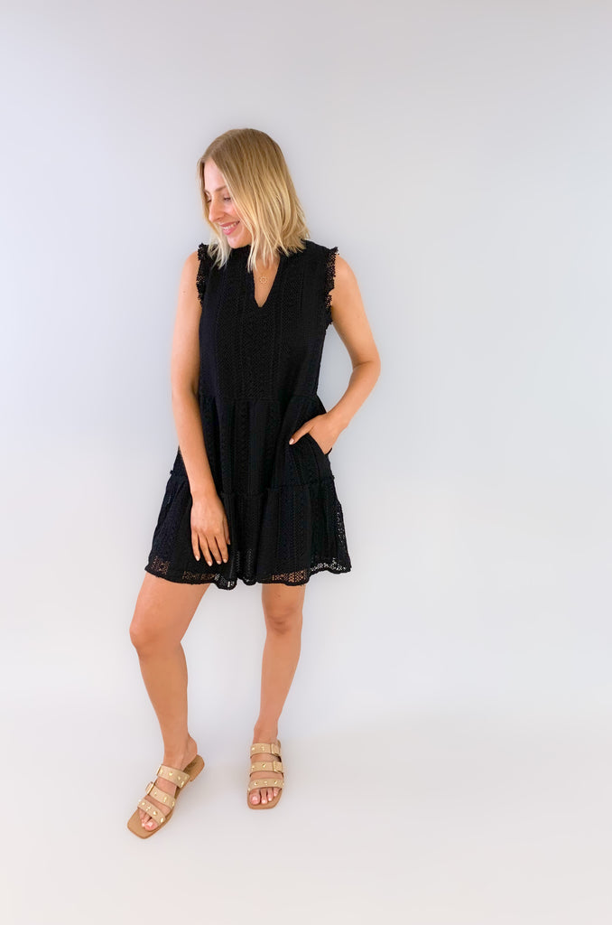 You'll be the queen of the party in our new Sweet Stripe Mini Dress! It's elevated, classic, and has so many gorgeous details all the while being very flattering. Featuring a black ruffle cap sleeve, a tiered silhoette, and alluring lace detailing, this dress is a keeper. 