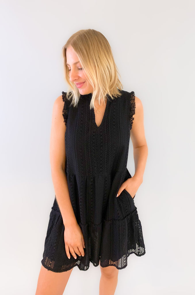 You'll be the queen of the party in our new Sweet Stripe Mini Dress! It's elevated, classic, and has so many gorgeous details all the while being very flattering. Featuring a black ruffle cap sleeve, a tiered silhoette, and alluring lace detailing, this dress is a keeper. 