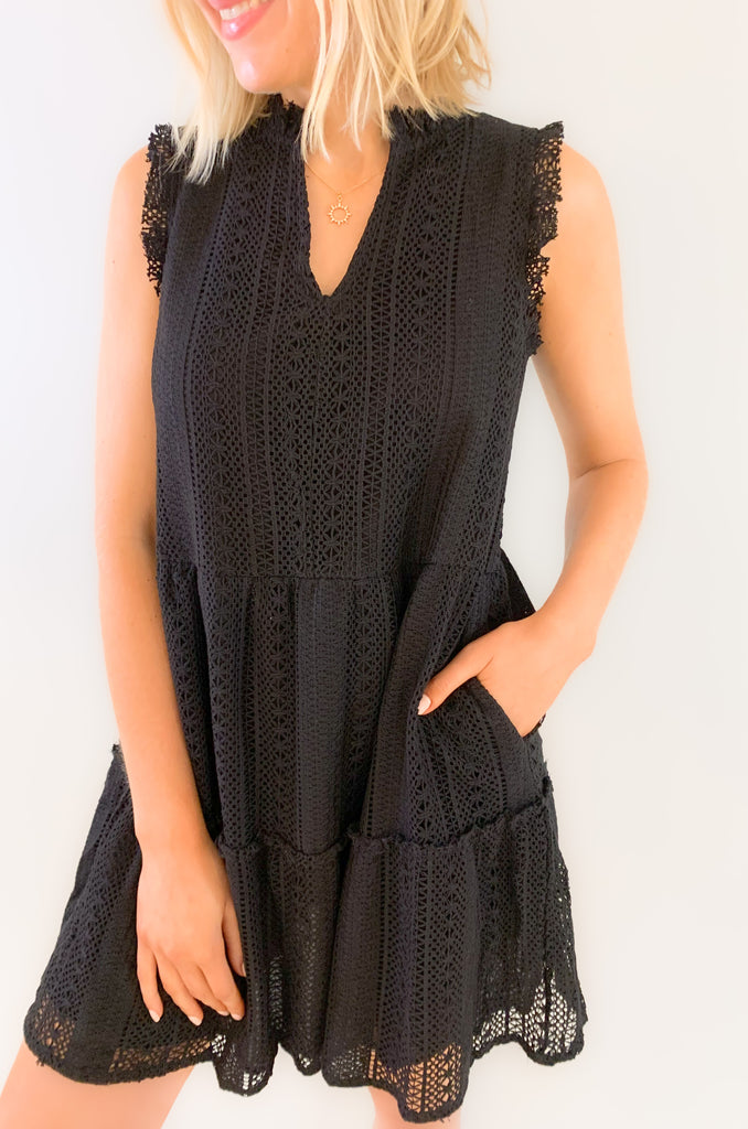 You'll be the queen of the party in our new Sweet Stripe Mini Dress! It's elevated, classic, and has so many gorgeous details all the while being very flattering. Featuring a black ruffle cap sleeve, a tiered silhoette, and alluring lace detailing, this dress is a keeper. 