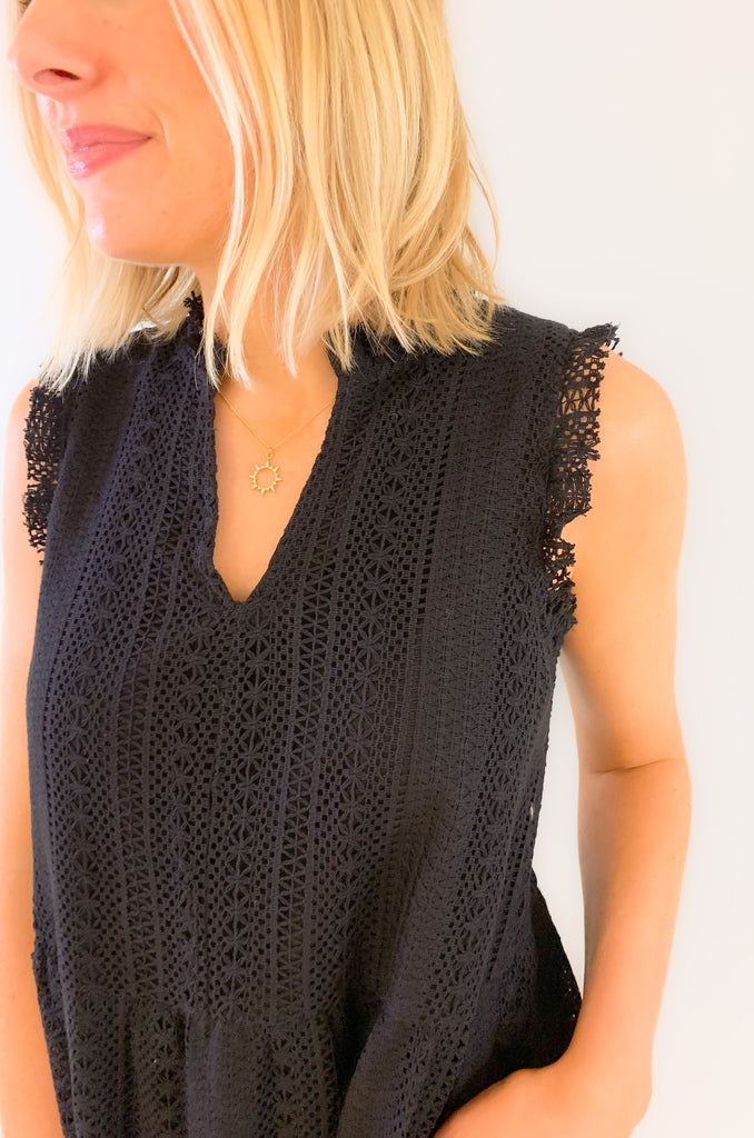 You'll be the queen of the party in our new Sweet Stripe Mini Dress! It's elevated, classic, and has so many gorgeous details all the while being very flattering. Featuring a black ruffle cap sleeve, a tiered silhoette, and alluring lace detailing, this dress is a keeper. 