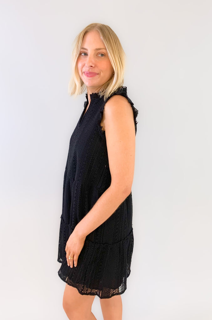 You'll be the queen of the party in our new Sweet Stripe Mini Dress! It's elevated, classic, and has so many gorgeous details all the while being very flattering. Featuring a black ruffle cap sleeve, a tiered silhoette, and alluring lace detailing, this dress is a keeper. 