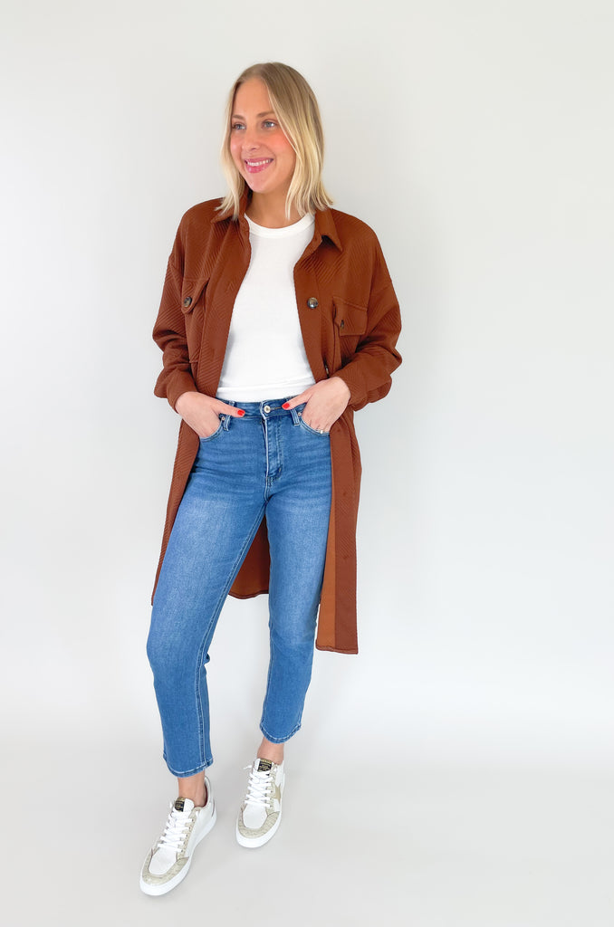 Long shacked coat with front pocks and button up style and collar-available in ivory and copper