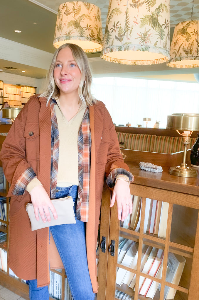 Long shacked coat with front pocks and button up style and collar-available in ivory and copper