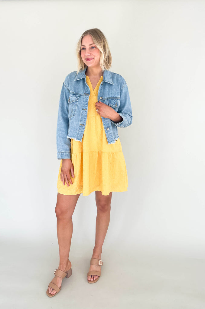 Introducing the Too Perfect Flare Sleeve Tiered Dress! Make a statement and stand out in this textured dress that flaunts your style and shows off your personality. Featuring a v-neckline and tiered design, it will make you feel like a million bucks. Available in black or yellow if you dare to be bold. This dress also features a built-in liner for more coverage. 
