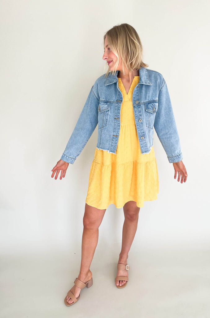 Introducing the Too Perfect Flare Sleeve Tiered Dress! Make a statement and stand out in this textured dress that flaunts your style and shows off your personality. Featuring a v-neckline and tiered design, it will make you feel like a million bucks. Available in black or yellow if you dare to be bold. This dress also features a built-in liner for more coverage. 