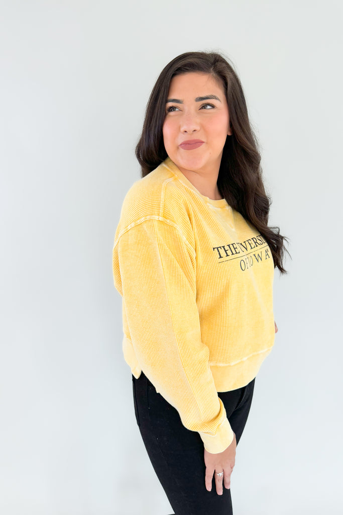 Stay cozy and show your team spirit with this fun University of Iowa Emblem Pullover! It features a unique, bright yellow corded material with block text, making it perfect for fans of the Hawkeyes. Look great and stay comfortable on game day, or snag one of these as a gift!