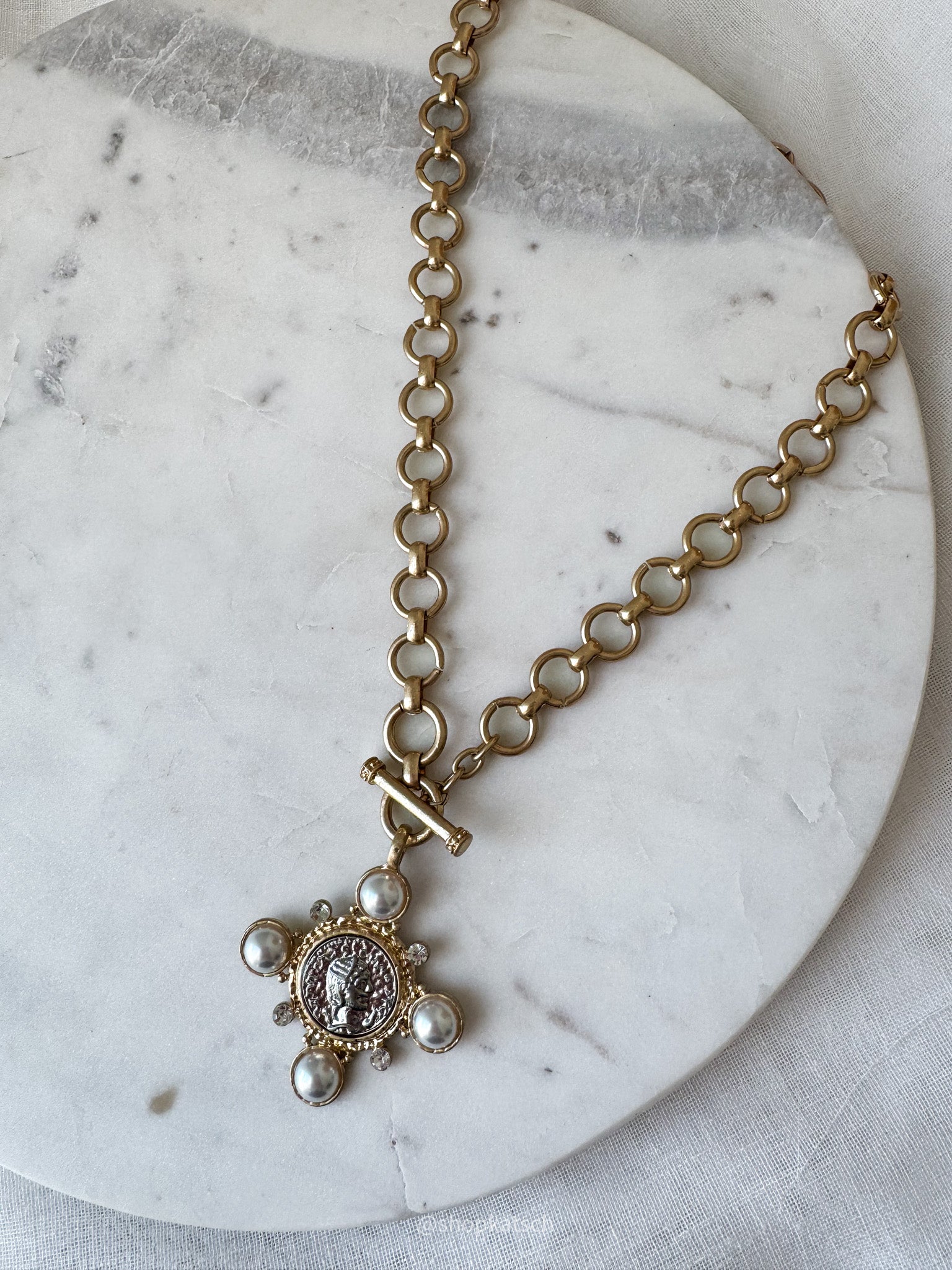 Vintage Coin Cross Statement Necklace
