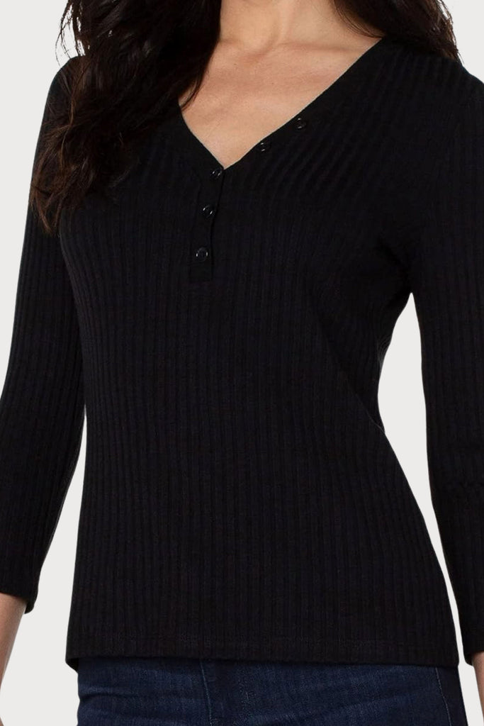 The Liverpool Los Angeles 3/4 Sleeve Henley Rib Knit Top is amazing on its own or under your favorite jacket. It's soft, lightweight and so comfortable. The rib knit fabric makes this style even better, giving it an elevated touch.