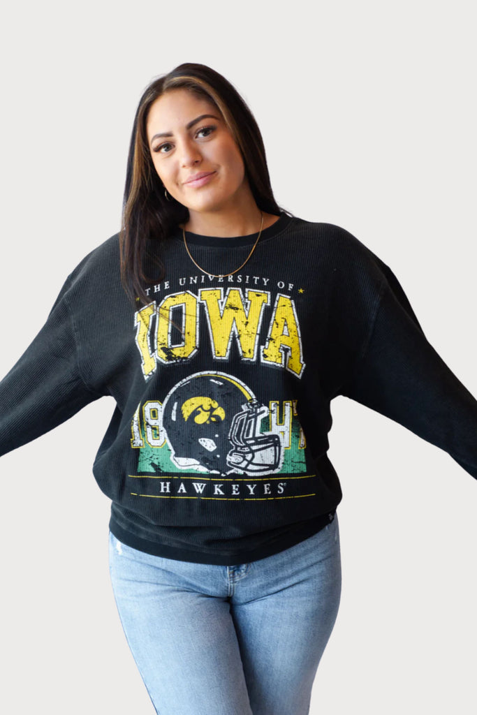 The University of Iowa Muncie Hippie Helmet Corded Crewneck is super fun and unique! It also has a cozy waffle knit which feels amazing. This style is perfect for any Hawkeye fan!