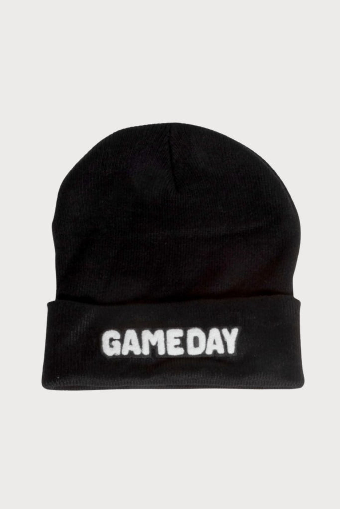 The Black Knit Beanie Featuring Chenille Game Day Patch is so fun your next sports game! The block letters and classic beanie look is right on trend, will keep you warm, and perfect for sports fans. 