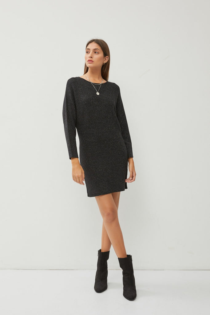Look and feel elegant without the fuss in our new Eve Black Lurex Sweater Dress! It's perfect for work & holiday parties, but also is super comfortable and easy. Elevated stretch makes this dress a must-have for your winter wardrobe. We love the silver lurex details too. 