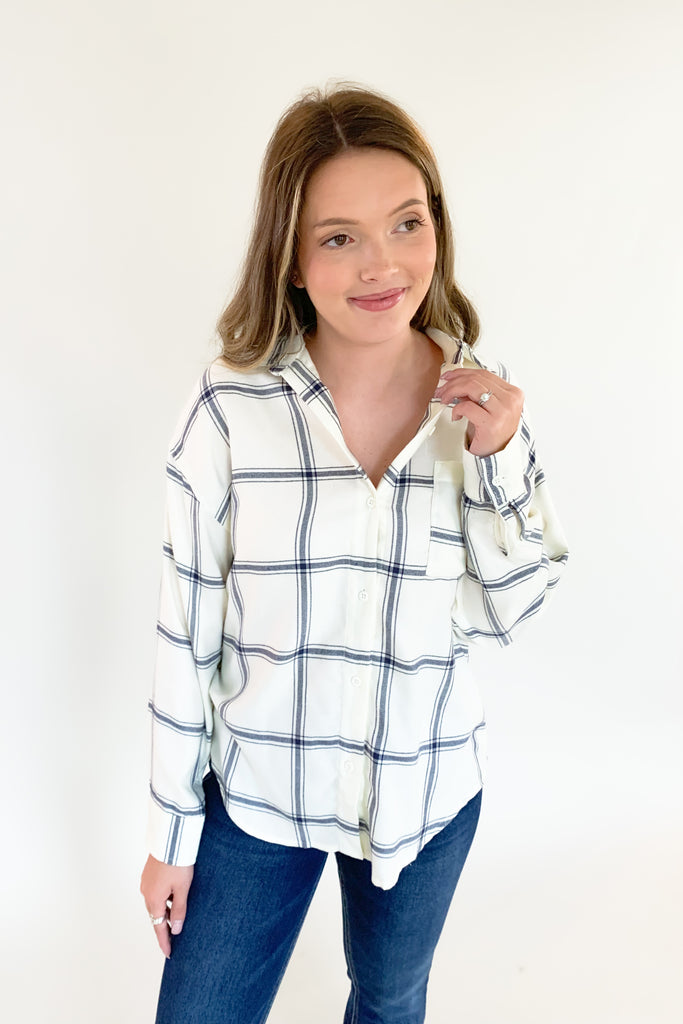 The [Z SUPPLY] River Plaid Button Up is a classic windowpane plaid top that's ultra cozy! We love the neutral black and white windowpane plaid because it will pair well with everything. As you know, this brand is so luxe and amazing quality. With it's built to last fabrication, it will be an everyday staple for fall.