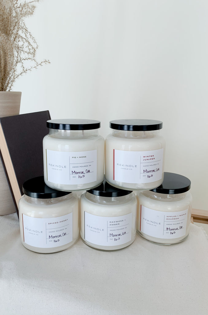 The 16oz Apothecary Cotton Wick Soy Candle are the largest version of our Rekindle candles. This brand uses 100% soy wax domestically, sustainably and ethically grown, harvested and manufactured in the United States. The formula is free of parabens, phthalates, and other toxic chemicals. Plus, the containers use recycled glass. It's the time of candle that not only smells amazing, but you can feel good about purchases. Here are the scent options: 