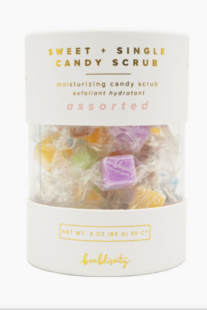 The Assorted 30pc Candy Scrubs are big moisture in a tiny package. These single-use, candy-wrapped solid scrubs are super handy in a pinch—there's no mess, no jars, and nothing else quite like them.