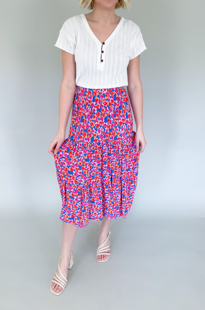 The Blue Tangerine Floral Midi Skirt is one of our new favorites! It's cute, flowy, and totally spring. You can create a matching look and pair it with our Blue Tangerine Floral Print top, or switch it up! We also paired it with our Patrice Blouse.