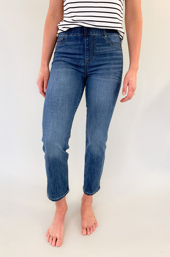The Chloe Slim 29" Inseam Pull on Jeans by Liverpool Los Angeles are amazing! They are a trendy straight-leg fit, but with a comfortable elastic waist. These are a no fuss...Pull-on and go pant!  