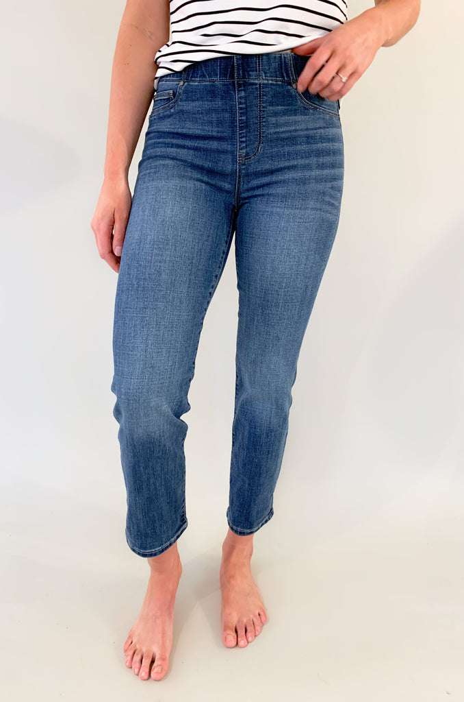The Chloe Slim 29" Inseam Pull on Jeans by Liverpool Los Angeles are amazing! They are a trendy straight-leg fit, but with a comfortable elastic waist. These are a no fuss...Pull-on and go pant!  