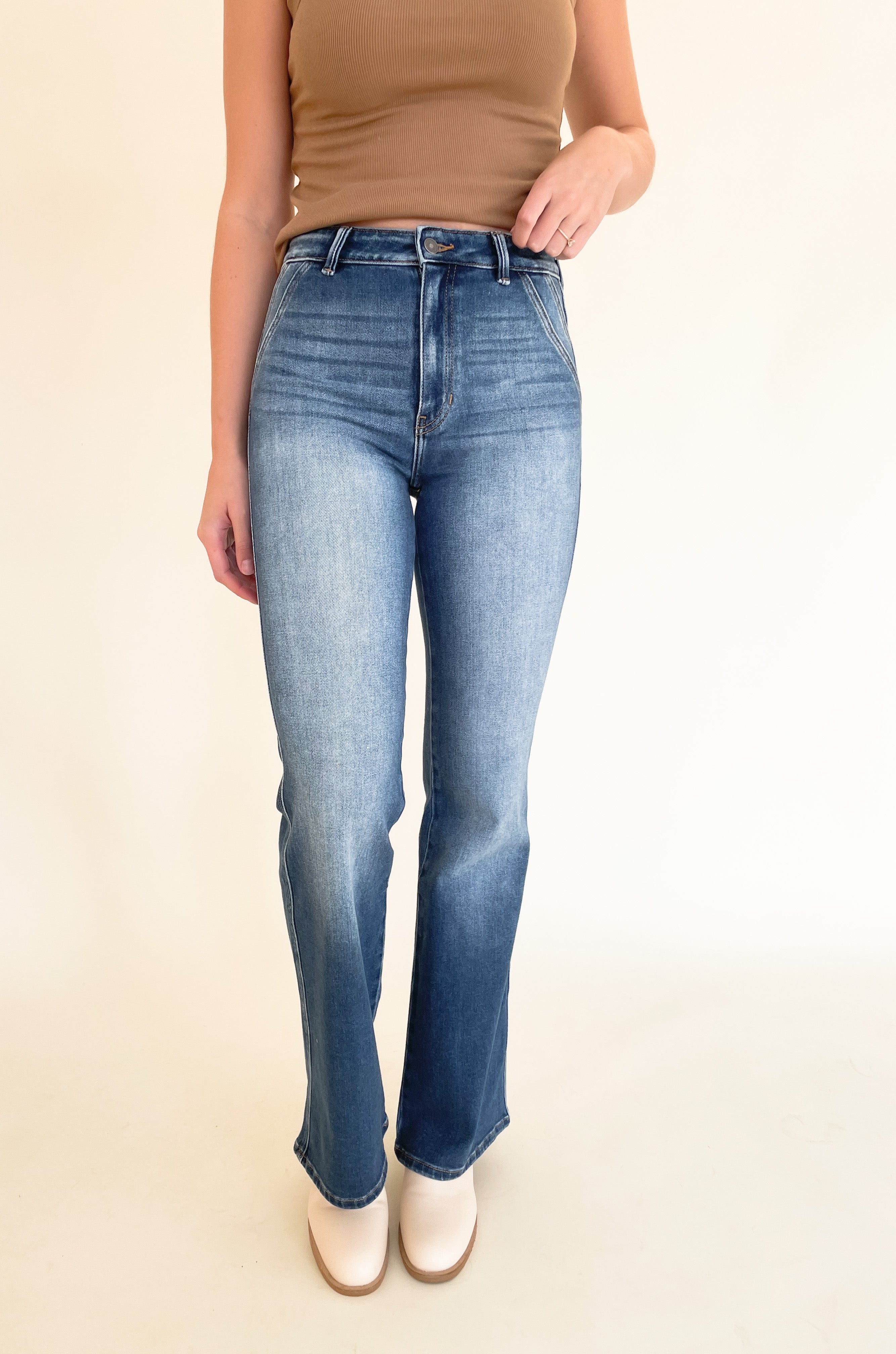 High Waisted Mid Wash Blue Denim Flared Jeans