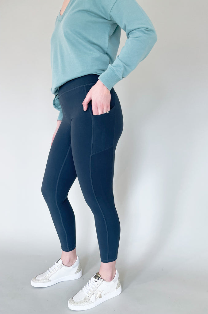 The Drill 2.0 Full Length High Rise Legging is the updated version of our all time favorite legging. This style is made from the same buttery soft material and comfortable stretch, just now available in new colors! On each side, there are pockets that could fit your phone or a small wallet. 