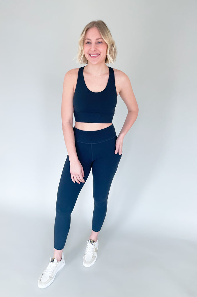 The Drill 2.0 Full Length High Rise Legging is the updated version of our all time favorite legging. This style is made from the same buttery soft material and comfortable stretch, just now available in new colors! On each side, there are pockets that could fit your phone or a small wallet. 