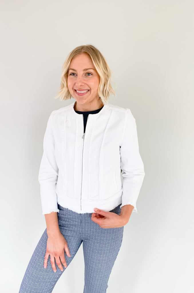We are springing into the new season with the best outerwear! This new Liverpool Frayed Zip Jacket with 3/4 Length Sleeves is comfortable, elevated, and will seriously pair with everything. Plus, the quality and details on this jacket are incredible. 