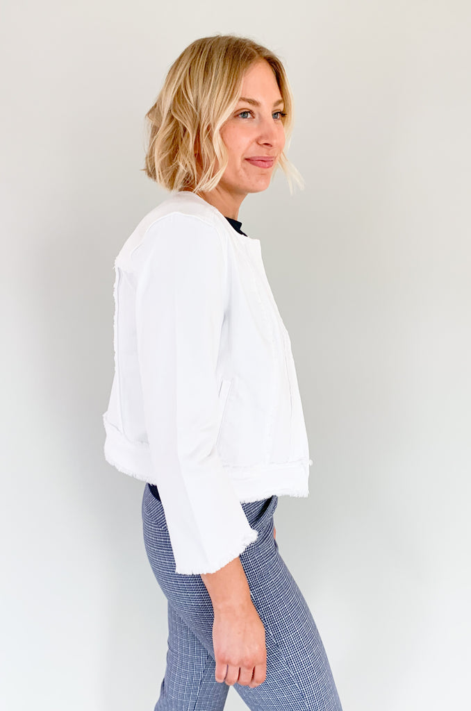  This new Liverpool Frayed Zip Jacket with 3/4 Length Sleeves is comfortable, elevated, and will seriously pair with everything. Plus, the quality and details on this jacket are incredible.  Made with a stretchy fabric and raw hem details