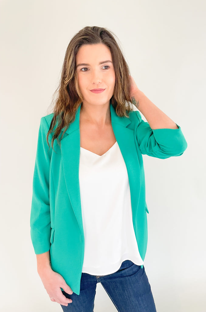 Blazers are having their moment this spring! Have fun with it and snag this Heidi Recycled Shirred Sleeve Blazer. The colors are so pretty and instantly elevate a look. Not only are the colors showstoppers, but the fit is too. It's made from a soft, recycled polyester, a little tailored, and has unique ruched sleeves. 