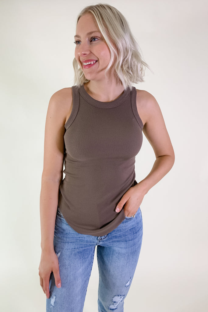 round neck fitted rib tank with plenty of stretch. Available in several colors, including green, sage, teal, black, ivory, brown, and oatmeal