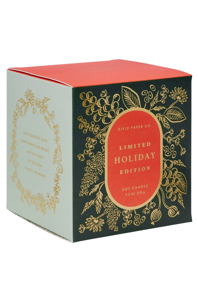 Our holiday candle brings to mind memories of cozy nights by the fire, fresh balsam fir trimmings, and boughs of cranberries dipped in frost. The 9.5oz soy wax candle comes in a painted glass vessel and is packaged in a decorative gift box with gold foil accents. This would be an easy perfect gift!