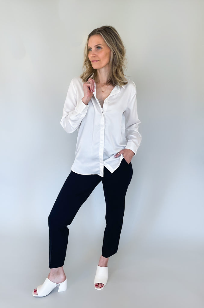 The Lo Long Sleeve Hidden Button Shirt is so elevated and pretty! it takes a basic button up and makes it better with the luxe, silky fabric. It's lightweight, comfortable, and timeless too. You cannot go wrong with this one! 
