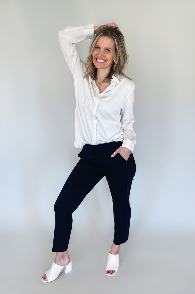 The Lo Long Sleeve Hidden Button Shirt is so elevated and pretty! it takes a basic button up and makes it better with the luxe, silky fabric. It's lightweight, comfortable, and timeless too. You cannot go wrong with this one! 