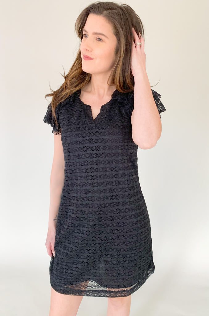 This stunning Meredith Layered Lace Dress black dress with delicate lace and flutter sleeves  is the perfect combination of comfort and elegance, making it a must-have for any occasion.