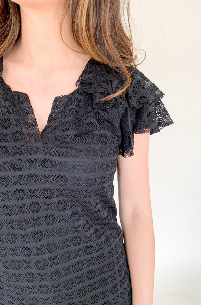 This stunning Meredith Layered Lace Dress black dress with delicate lace and flutter sleeves  is the perfect combination of comfort and elegance, making it a must-have for any occasion.