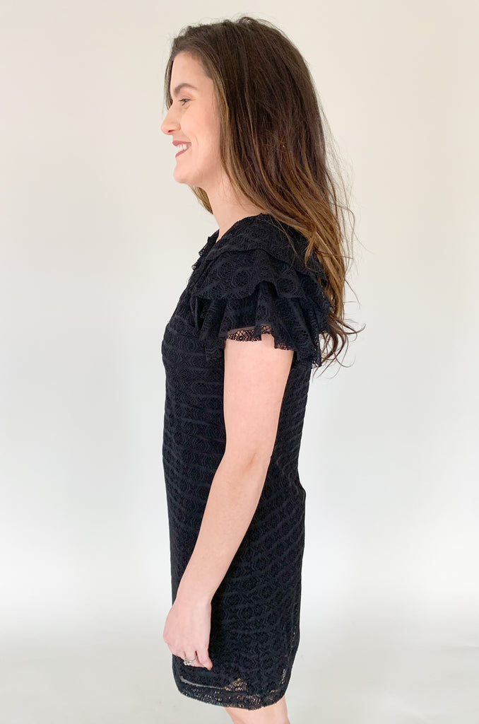 This stunning Meredith Layered Lace Dress black dress with delicate lace and flutter sleeves  is the perfect combination of comfort and elegance, making it a must-have for any occasion.