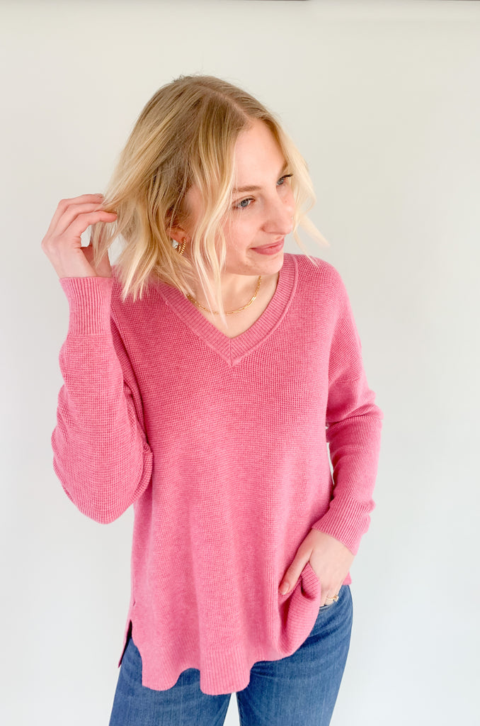 The Renee V Neck Waffle Knit Sweater comes in the BEST colors and has a dreamy fabric. It might look simple, but once you put it on, you will fall in love! It's buttery soft, stretchy, and has a generous silhouette. The texture is elevated too. 