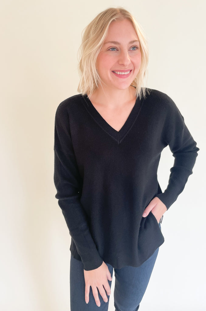 The Renee V Neck Waffle Knit Sweater comes in the BEST colors and has a dreamy fabric. It might look simple, but once you put it on, you will fall in love! It's buttery soft, stretchy, and has a generous silhouette. The texture is elevated too. 