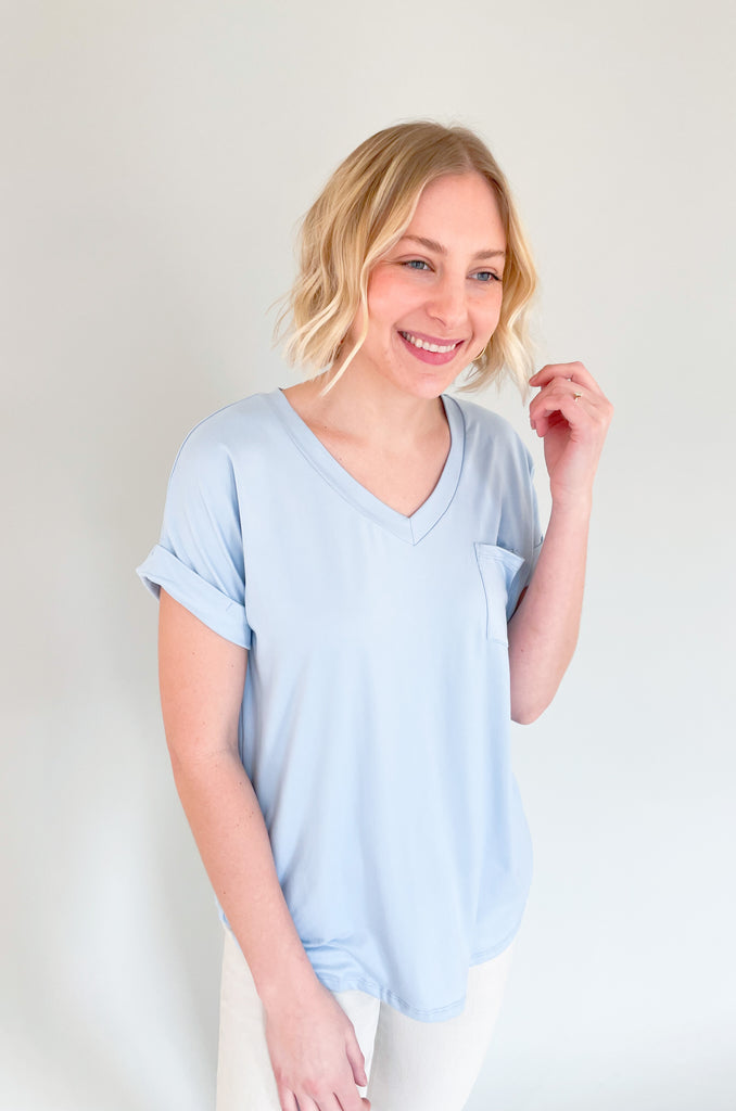 ultra soft short cuffed sleeve v neck pocket tee with stretchy fabric. Available in several colors. 