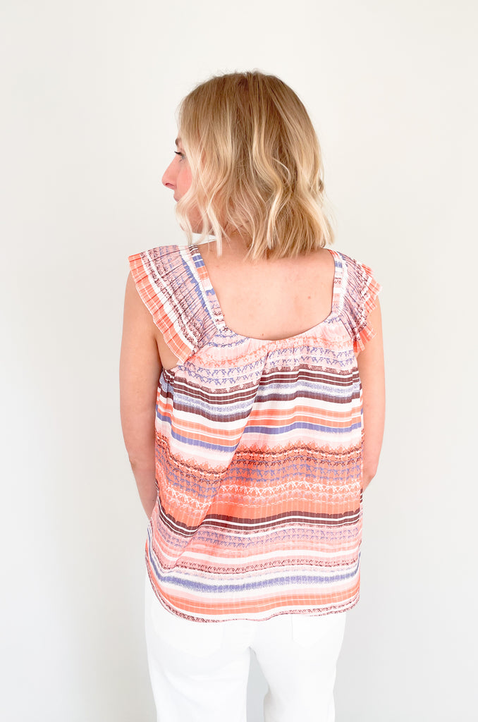 Be a trendsetter in this fluttering, flirty Contrast Pleated Flutter Sleeve Shirt! In a showstopping orange and blue, plus ivory abstract print, you'll have everyone's eyes on you. Super silky, with pleats of perfection, this blouse is perfect for special events, date night, birthdays, you name it! 