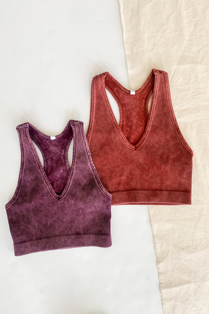 The Washed Ribbed Racerback BRAMI is our newest addition! This style is so comfortable, stretchy, and the colors are perfection. It has a vintage washed hue, which looks so cool. We love wearing these bramis under tops, but you can also wear them under cardigans and jackets. The possibilities are endless! 