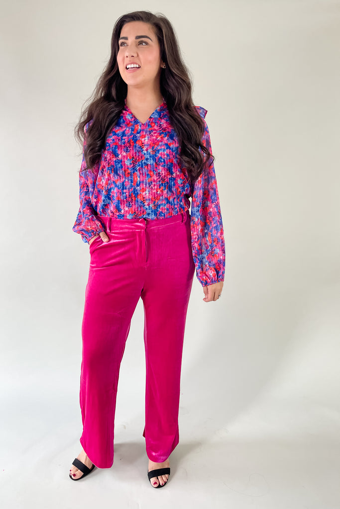 Bright Hot Pink, Red, and Royal Blue Floral Blouse with ruffle details. It is available in sizes XSmall-3X