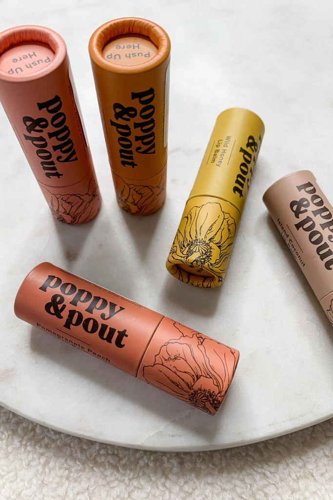 The Poppy and Pout Lip Balm is not your average lip balm. Each flavor has a subtle, sweet scent and is 100% natural. The Organic Coconut Oil, Ethically Sourced Beeswax, and Vitamin E infused in each balm will keep your lips hydrated for hours!